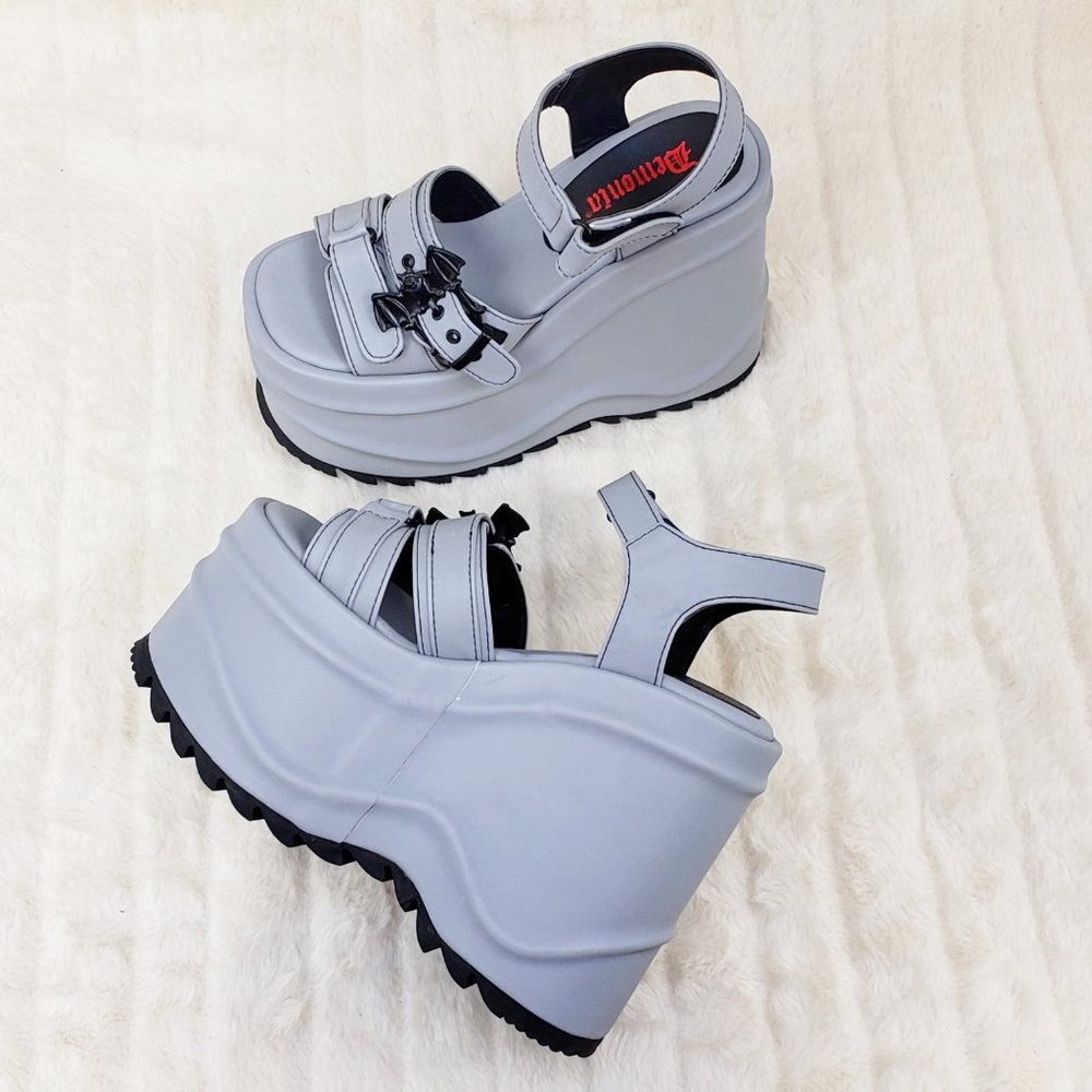 Reflective 6" Platform Goth Wedge Sandals Wave Gray - Picture 3 of 17